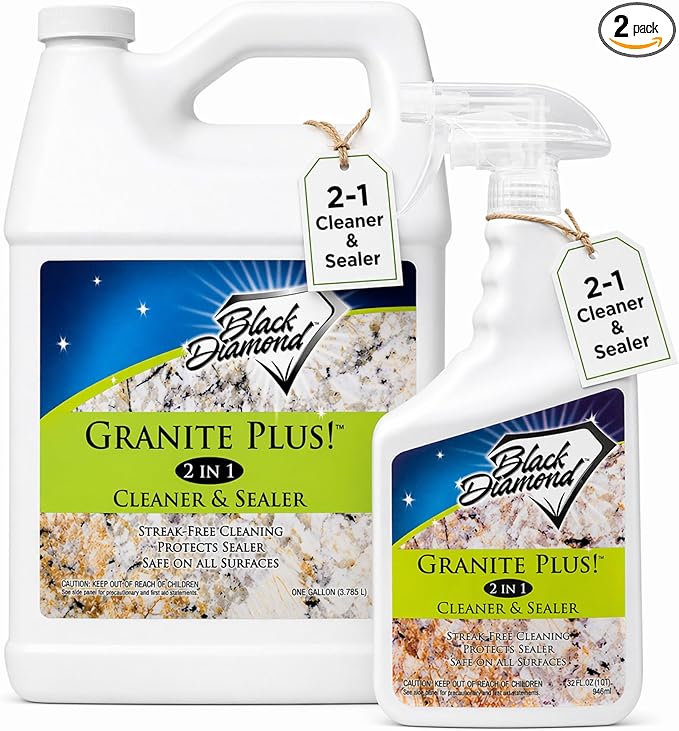 Black Diamond Stoneworks Granite Plus 2-in-1 Cleaner & Sealer, pH Neutral, Streak-Free Stone Cleaner for Granite, Marble, Quartz, Travertine & Limestone Countertops, Ready to Use (1-Quart/1-Gallon)