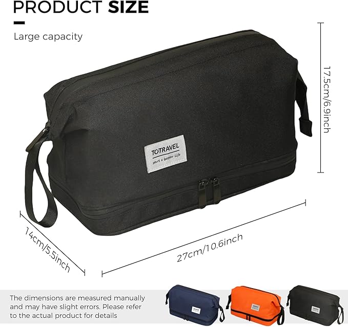 SINLAND Travel Toiletry Bag Water-resistant with Hanging Hook for Men Large Packing with Waterproof Wet/Dry Compartment Travel Shower Bags Travel Toiletry Organizer Dopp Kit Shaving Bag