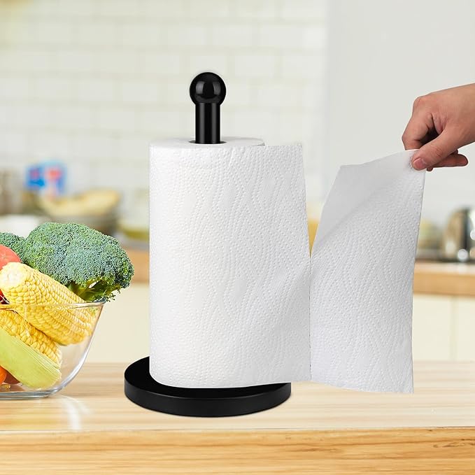 Paper Towel Holder, Black Kitchen Paper Towels Holder Stand, Stainless Steel Paper Towel Holder -Weighted Base, Non-Slip Protect The Countertop