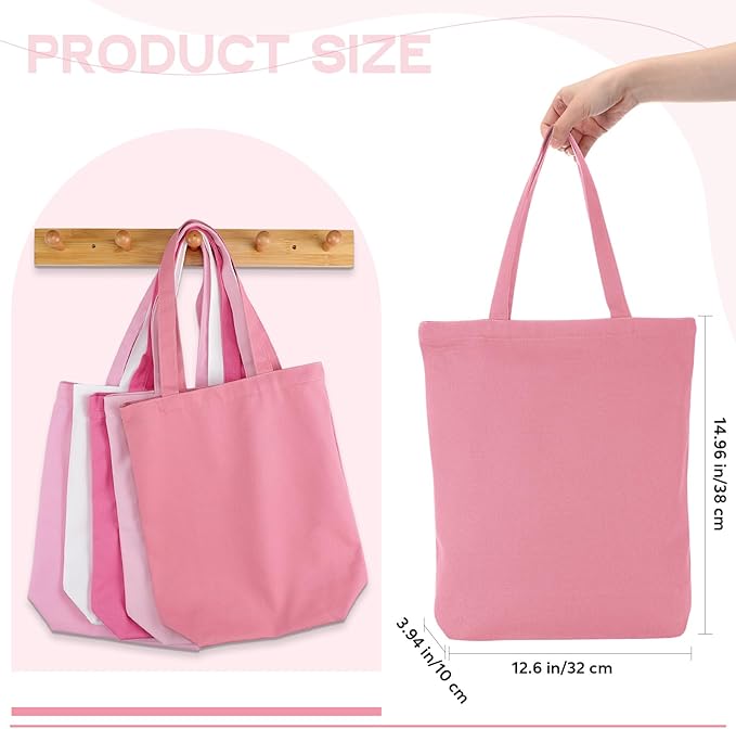 Reginary Reusable Canvas Grocery Shopping Tote Bag Bulk with Zipper & Handle Nurse Staff Coworker Employee Appreciation Gift(Pink,5 Pcs)