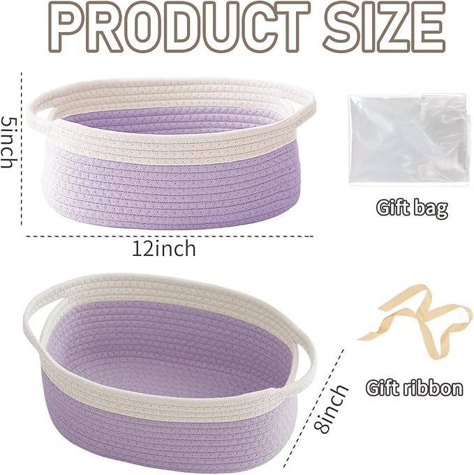 Woven Basket, Small Rope Storage Bin with Handles & Ribbon Bag, Organizer for Shelves Closets, Empty Gift Basket for Birthday, Books, Dog Toys, White & Purple/3 Pack