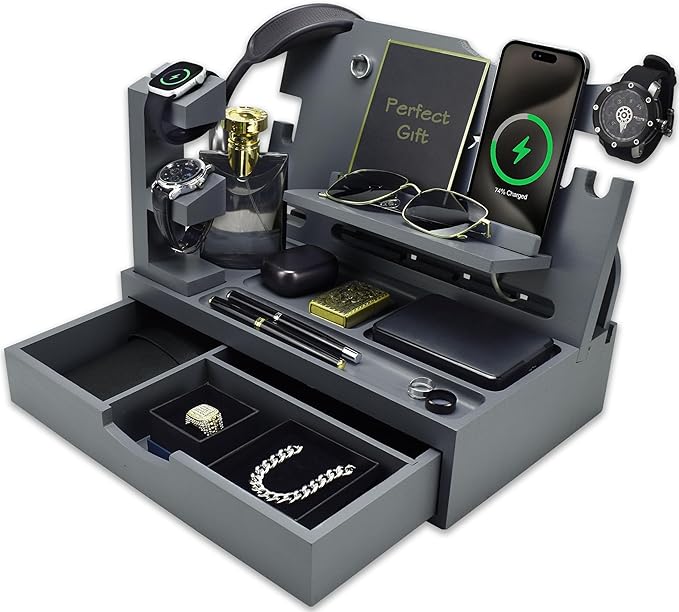 Nightstand Organizer for Men with Large Drawer, Birthday Gifts for Men, Phone Docking Station, Bedside Organizer for Nightstand for Apple Watch, Laptop (Grey, Solid Wood)