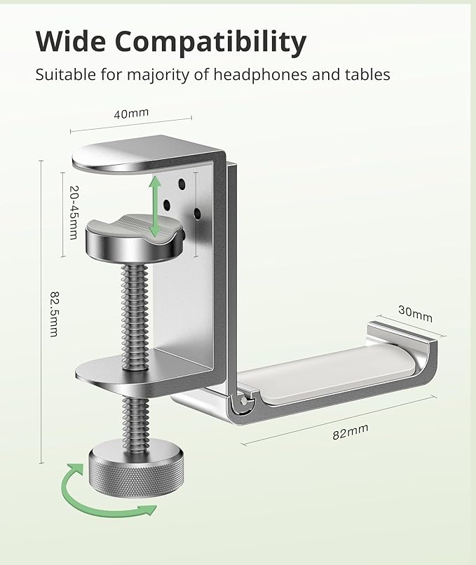 Headphone Stand for Desk – Aluminum Under Desk Headset Stand with Foldable Hook, Headphone Holder Clamp Mount for Gaming Accessories, Space-Saving Headset Hanger