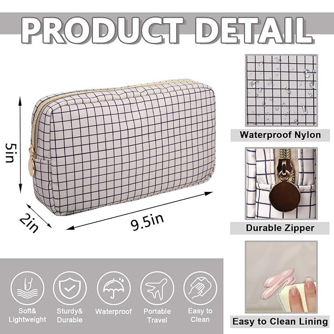 Small Makeup Bag Pouch for Purse，Nylon Travel Toiletry Storage Bag Preppy Checkered Cosmetic Bag for Women Girls，Waterproof Makeup Organizer Bag Pouch Skincare Bag with Zipper (Small-Checkered)