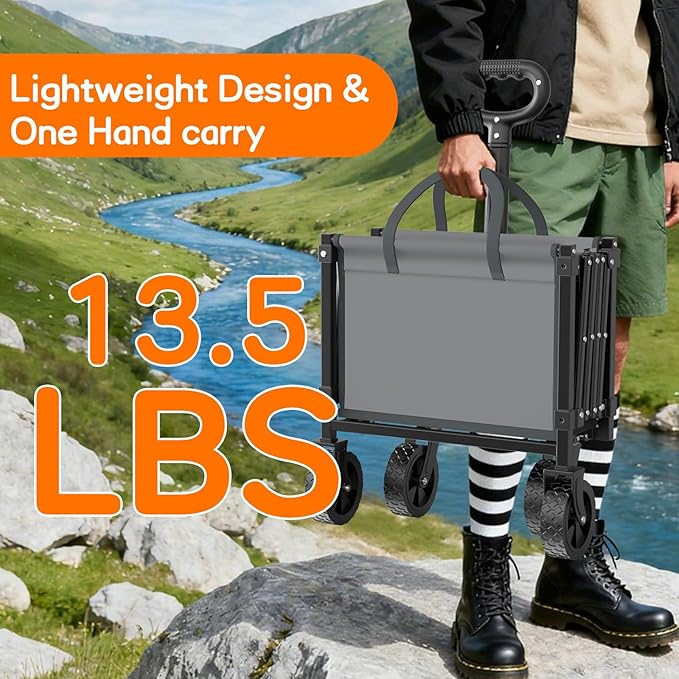 35" L Extra Long Wagons Carts Foldable, 360LBS Heavy Duty Collapsible Wagon with Wheels, Folding Wagon Portable Utility Cart for Groceries, Shopping, Camping, Sports