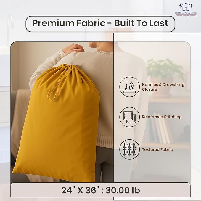 LFH Home Cotton Canvas Large Laundry Bag with Handle, Heavy Duty Drawstring Closure Washable Laundry Bags, School Travel, Home, Hotel, College Dorm, Organizer Sack, Toys Clothes 24x36-Yellow