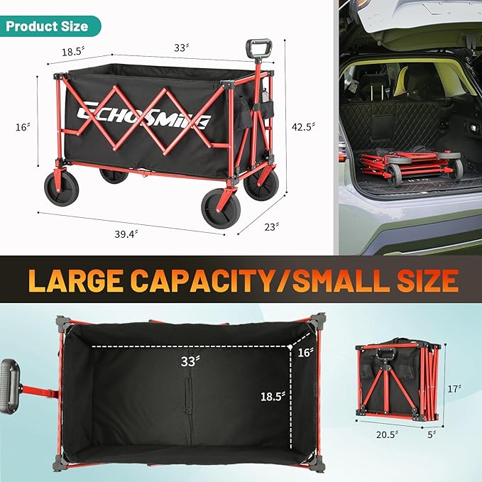 EchoSmile Collapsible Foldable Wagon Cart with 350lbs Weight Capacity, Heavy Duty Folding Utility Sport Wagon with Removeble Wheels for Camping,Grocery,Garden,Beach,Black&Red