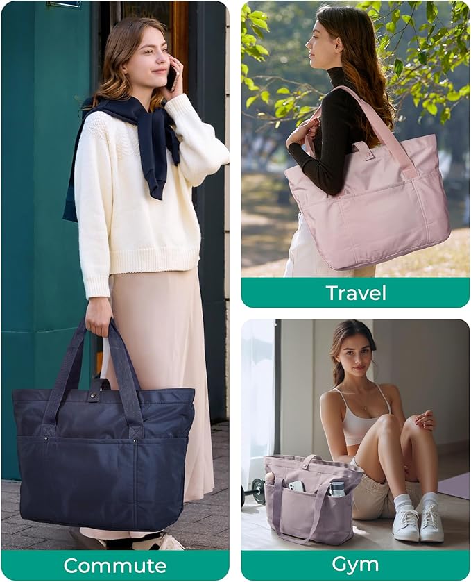 BAGSMART Tote Bag for Women, Foldable Tote Bag With Zipper Travel Large Shoulder Bag Handbag for Work-16.5''L x 6''W x 14''H