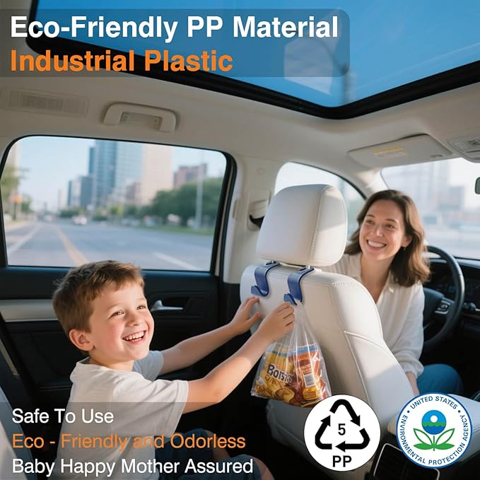 Car Seat Hooks & Purse Holder - 4 Pack Boxed,55 lb Heavy Duty,Eco PP Car Hooks for Purse/Bag/Baby Gear/Gym Bag/Groceries/Cup/,Fits 0.32-0.55”Car Headrest Rods (Dark Blue)