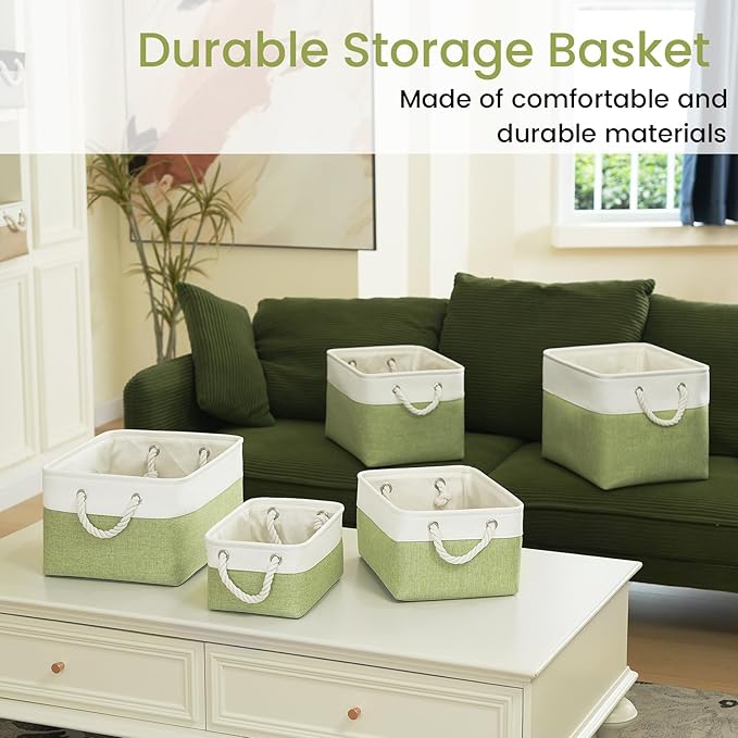 VQRTEXA Large Storage Baskets- 15x11x10 inch Storage Bins for Shelves and Closet Organizing, Foldable Fabric Bin for Home Organization Clothes and Laundry (1-Pack, White&Green)
