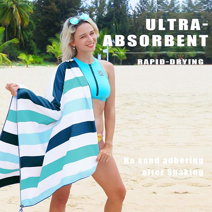 Exclusivo Mezcla Large Microfiber Quick Dry Beach Towel, Lightweight Sand-Free Cabana Stripe Pool Travel Camping Towel with Bag (Green, 30x60 Inches)
