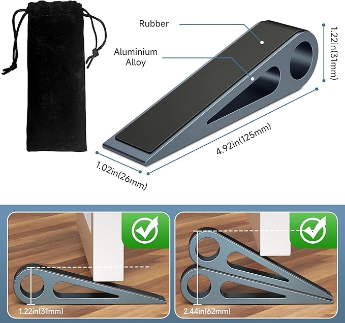 4 Pcs Heavy Duty Door Stopper for Bottom of Door, Aluminum & Rubber Door Stop Wedge- Keep Doors Open in Home, Apartment, Office, Hotel, 4.92L*1.02W*1.22H Inch, Blue