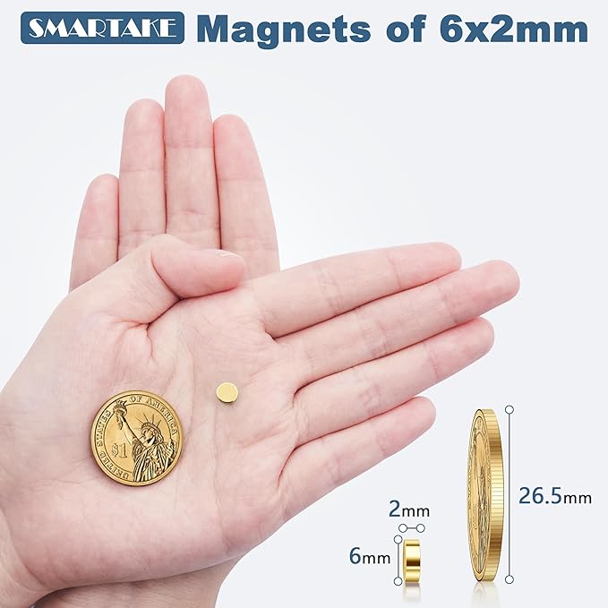 SMARTAKE 80 Pcs Refrigerator Magnets, 6x2mm Small Round Fridge Magnets, Multi-Use Premium Neodymium Tiny Circle Magnets, for Whiteboard, Billboard, Crafts, DIY, Home, Kitchen, Office, School (Gold)