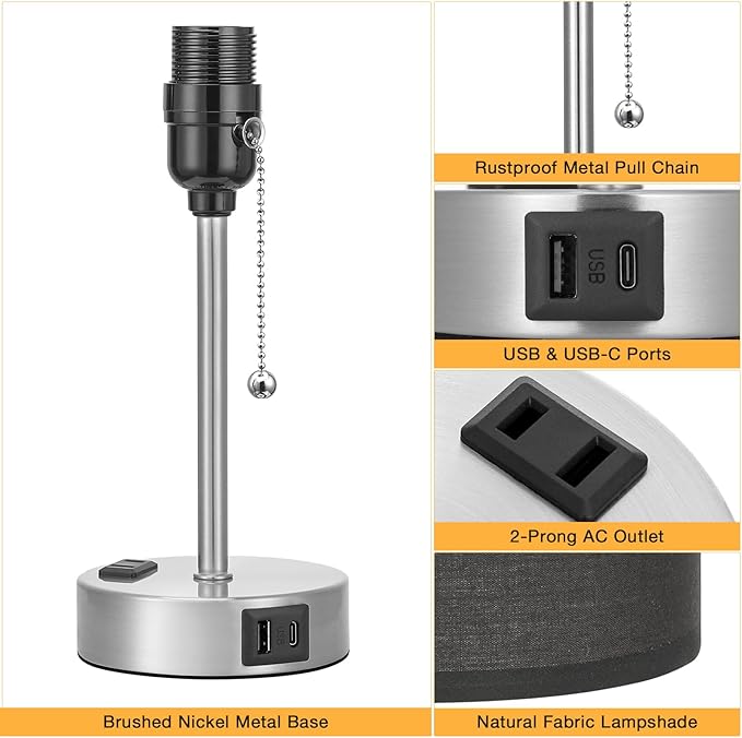 Black Table Lamp for Bedroom Nightstand - 3 Color Temperature Bedside Lamp with USB C and A Ports, Pull Chain Lamp for Bedroom with AC Outlet, Small Lamps Silver Metal Base for Kids Boys/Dorm Room