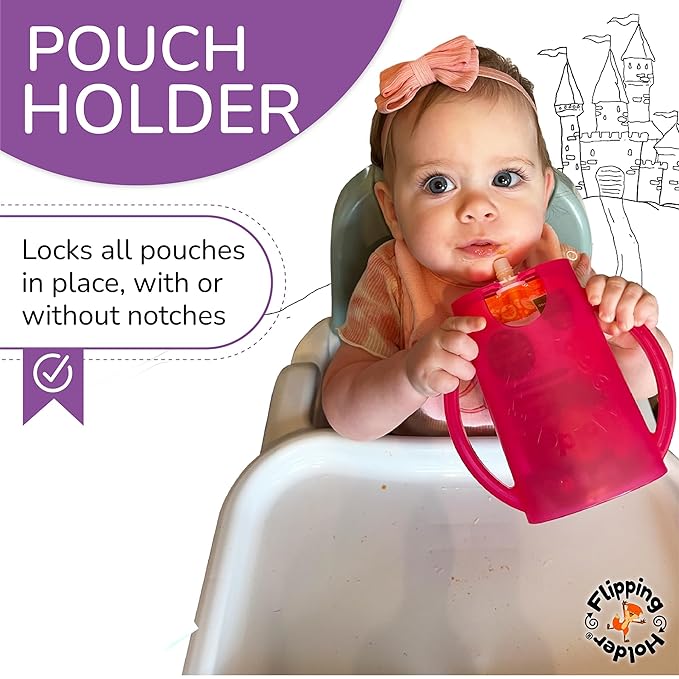 Flipping Holder Squeeze Proof Pouch Holder (2-pack with lids) for Food Pouches & Juice Boxes - Multipurpose - Prevent Messes & Support Self-Feeding - Easy Grasping Handles - Made in USA