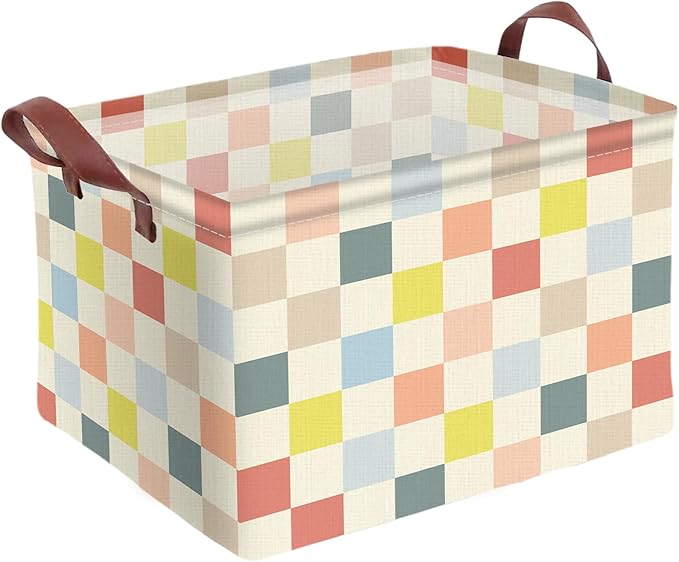 Colorful Checkered Basket Waterproof Canvas Toy Storage Bin Checkered Room Decor Collapsible Outdoor Basket with Leather Handles Colorful Decor Blanket Baskets For Closets,Bedrooms,Gifts Baskets