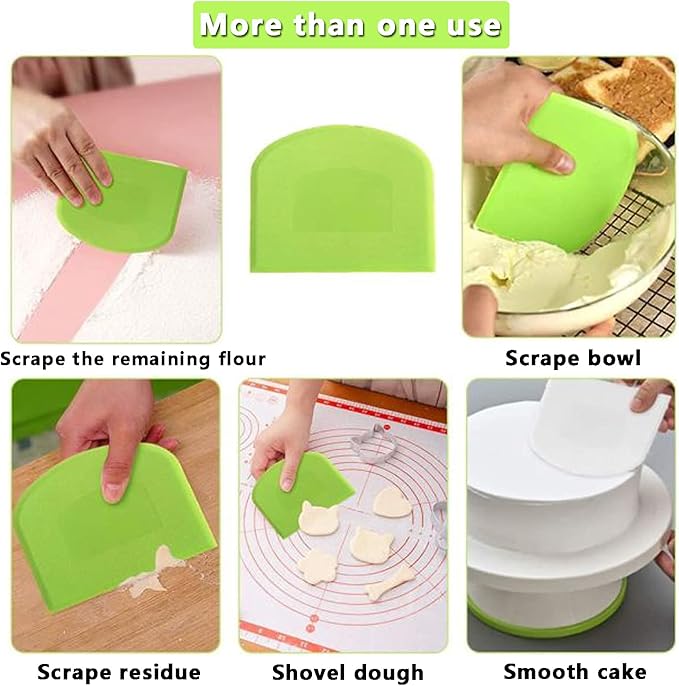 WAFJAMF 2 PCS Plastic Dough Scraper Bowl Scraper, Food-Grade Bench Scraper, Flexible Dough Cutter, Multipurpose Food Scrappers for Bread, Cake, Cream, Fondant(White+Green)