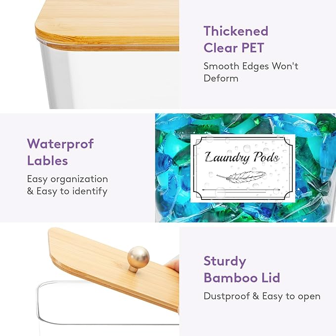 Lifewit Large Laundry Pods Container& Dryer Sheet Holder, Plastic Detergent Dispenser, Laundry Room Organization Storage Jars for Powder, Soap, Scent Booster Beads,Bamboo Lid,0.53+0.7 gal,3 Pcs