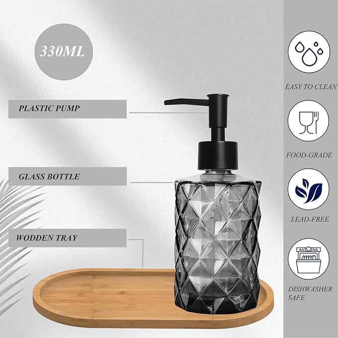 2PCS Black Glass Diamond Soap Dispenser Set, 12 oz, 2 Pack, Reusable, Refillable, Eco-Friendly, Clear, Tray & Plastic Pump, Kitchen, Bathroom