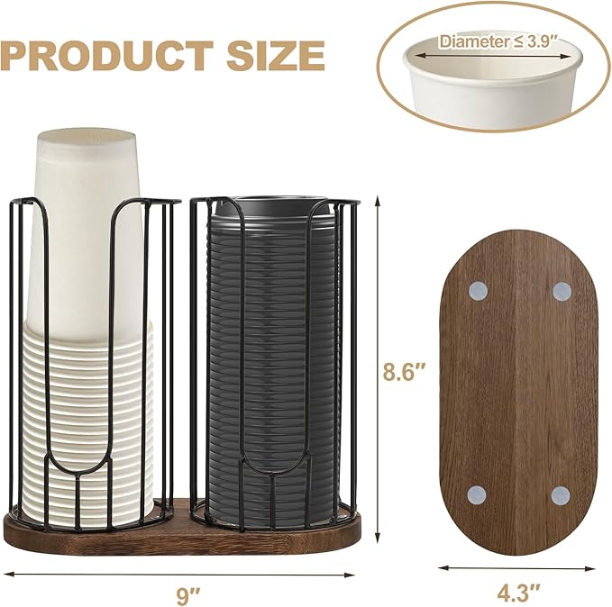 2-Compartment 18oz Coffee Cup Dispenser Rack with Wood Base, Disposable Cup, and Lid Organizer for Countertop - Perfect for Paper Cups and Lid Organizer