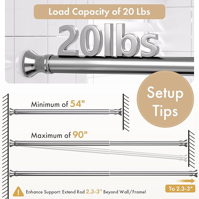 Amazer Spring Tension Shower Curtain Rod, 54-90 Inches Rust-Resistance Tension Curtain Rod Bathroom Rod, Adjustable Shower Curtain Rod No Drill, Chrome