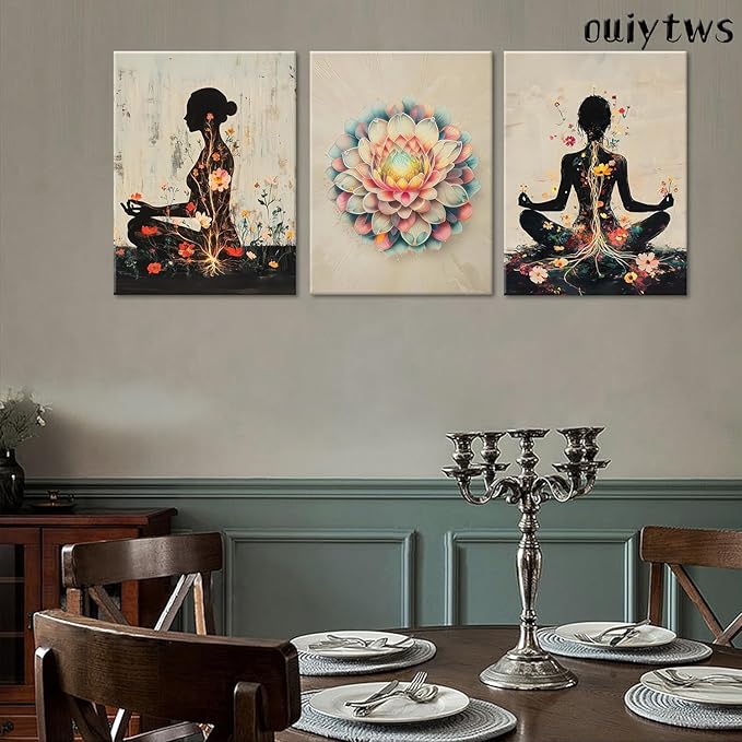 Yoga and Flower themed Meditation Wall Art Set of 3, Spiritual Meditation Women's Match with Flower and Lotus Patterns Canvas Poster Prints Painting,for Yoga Meditation Room,Bedroom,Framed 12X16in