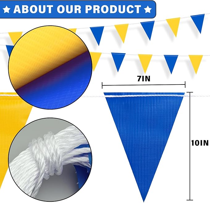105ft Pennant Banner Flags, 7x10 Blue and Yellow 45 Pcs High Visibility Safety Flagging on String, Triangle Pool Flag for Backstroke, Construction Events Party Decoration Parking Marking Outside