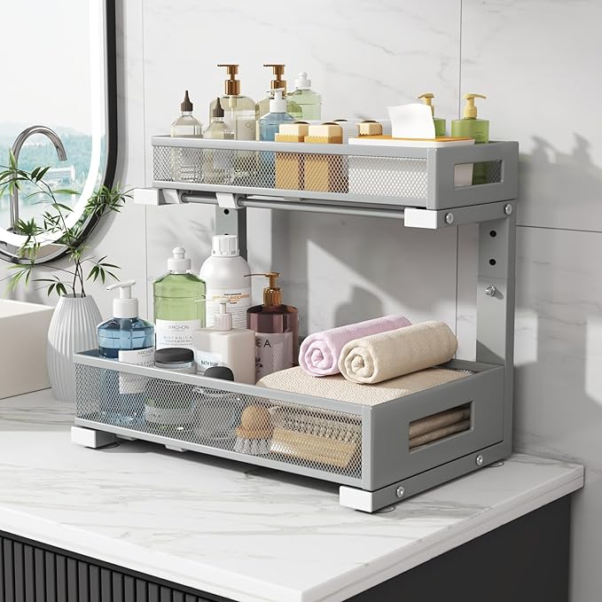 Biboraya 2-Pack Under Sink Storage Organizer, Large 2-Tier Elegant Mesh Pull Out Shelf for Kitchen and Bathroom Cabinet Organization, L-Shaped and Adjustable Height Design-Gun Gray