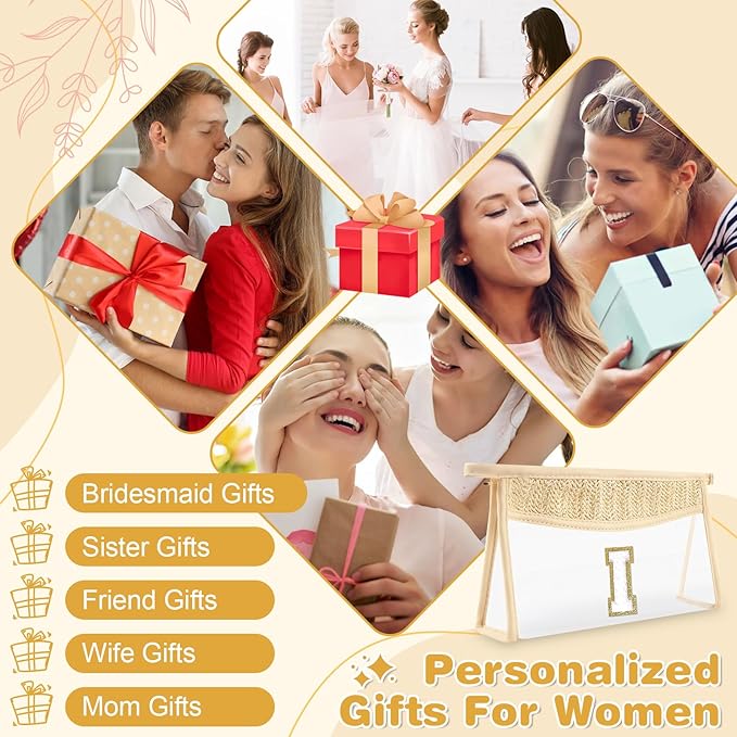 Personalized Initial Letter Bag Boho Straw Clear Makeup Bag,Small Cute Chenille Varsity Letter Pouch With Zipper,Beach Travel Toiletry,Portable Monogrammed Cosmetic Bag for Women Girls,I