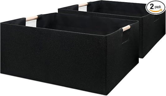 Foldable Fabric Storage Cubes, 2 Packs Cloth Storage Baskets with Wooden Handles, Collapsible Shelf Closet Organizer Bins, Rectangular Storage Boxes for Decor (Black)