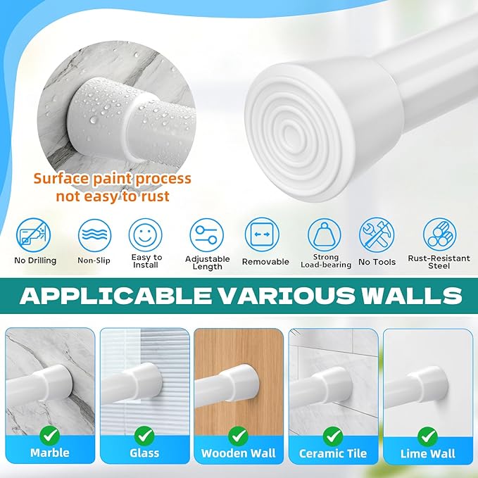 Spring Tension Rods 29-42 Inches Adjustable Small Short Curtain Rod No Drill Anti-slip for Windows, Kitchen, Bathroom, Doors, Closet, Doorway 30 to 41 inch (White)