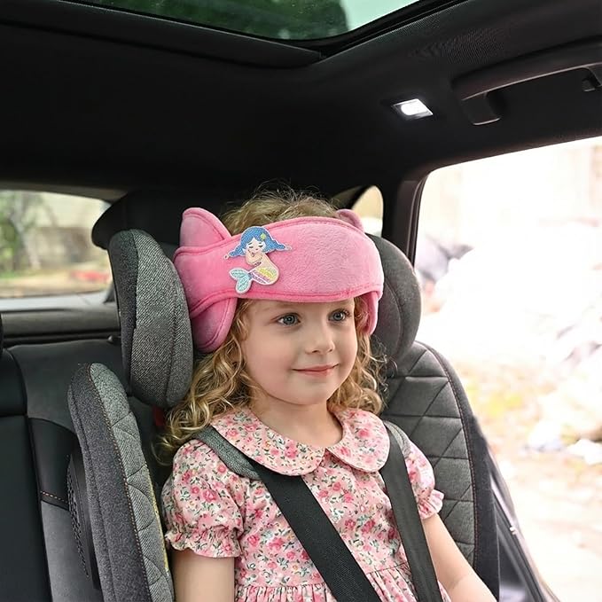 LETTON Car Seat Head Support for Child, Adjustable Head Band Strap Headrest, Safe, Comfortable Head & Neck Pillow Support Solution– Baby & Kids Travel Accessories (Pink with Mermaid Pattern)