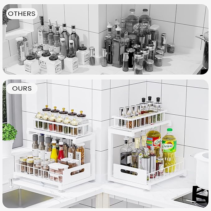 Toyear Under Sink Organizer, Heavy Duty Metal Pull Out Cabinet Organizer Slide Out Sink Shelf Organizer Height Adjustable, Multi-Purpose Storage Shelf for Kitchen Bathroom(White,2Pack)