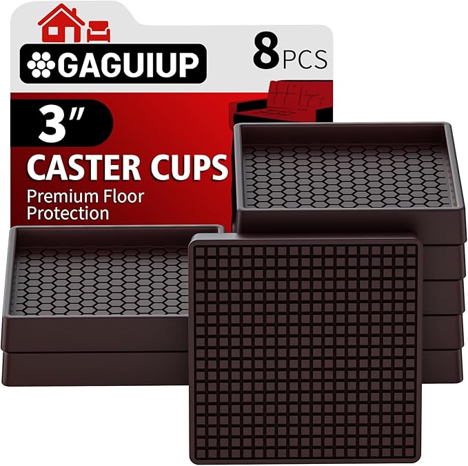 Non-Slip Furniture Pads - 3"x3" Square Anti-Skid Caster Cups Furniture Coasters, Anti-Sliding Grippers Floor Protectors for Furniture Bed, Couch, Chair Leg, Brown (Set of 8)