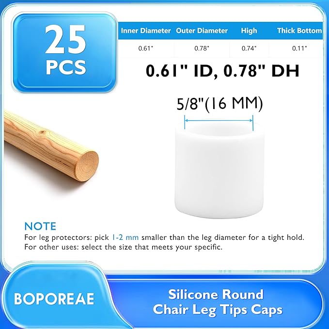 BOPOREAE 25 Pcs 5/8" (16 mm) Round Chair Leg Tips Caps, Silicone Rubber Furniture Leg Floor Protectors, Reduce Noise Folding Metal Chair Leg Cap Replacement for Bar Stool Leg Patio Indoor, White