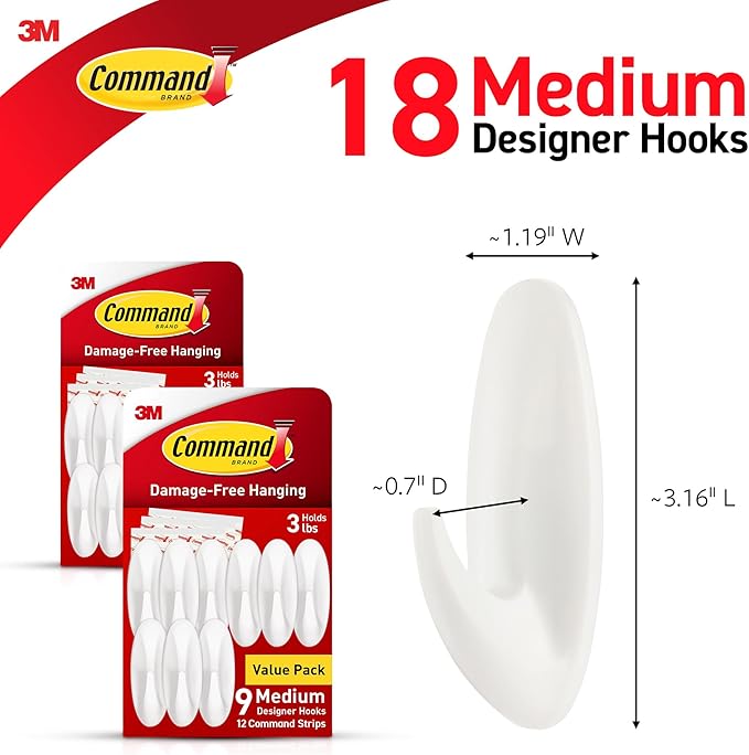 Command Medium Designer Hooks, Damage Free Hanging Wall Hooks with Adhesive Strips, No Tools Wall Hooks for Hanging Decorations in Living Spaces, 18 White Hooks and 24 Command Strips