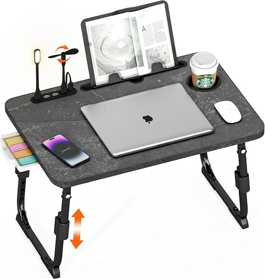 Laptop Desk for Bed Height Adjustable, Lap Bed Table with USB/Storage Drawer/Cup Holder/Tablet Stand/Book Shelf, Foldable Breakfast Tray Portable for Reading Writing, Sofa & Floor, Deep Stone Texture