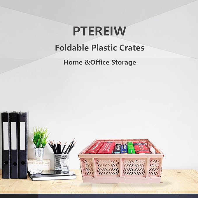 PTEREIW 20L Foldable Crates, 4Pack Plastic Baskets for Home and Office,Plastic Folding baskets,Collapsible Crates for Chrismas Gifts, Toys Storage. (Light Pink,15.7x11.8x6.3Inc)