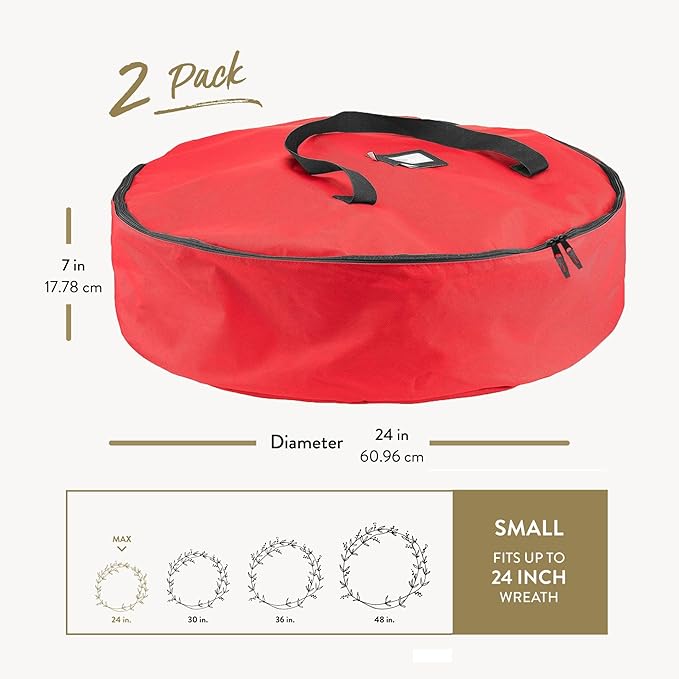 ZOBER 2 Pack Oxford Christmas Wreath Storage Container 24 Inch - Wreath Bag for Artificial Wreaths Box - Waterproof Fabric, Dual Zippered Wreaths Storage Bag With Strong Durable Handles - Red