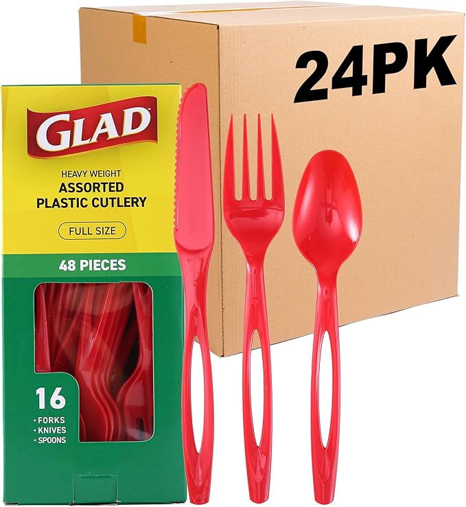 Glad Assorted Plastic Cutlery Set | Extra Heavy Duty Red Forks, Knives, and Spoons | 1,152 Count Set of Disposable Party Utensils, Sturdy Cutlery