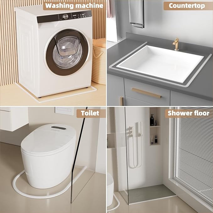 118" White Shower Threshold Water Dam Stopper for Dry and Wet Separation, Self-Adhesive Collapsible Walk-in Shower Splash Guard Seal Strip, Silicone Sink Edge Water Barrier for Bathroom and Kitchen