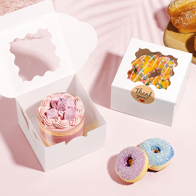 26pcs White Cookie Boxes with Window, 4x4x2.5 Inches Small Bakery Boxes with 36pcs Stickers, for Mini Cake Cookies Treat Dessert Pastry Donuts Macaroon Strawberries Chocolate Cupcakes Candy