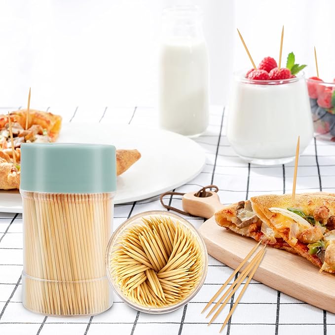 Bamboo Wooden Toothpicks [3000 Count]-With 2-Pack Reusable Toothpick Holder, Sturdy Smooth Finish Tooth Picks, For Appetizer, Olive, Barbecue, Fruit, Teeth Cleaning Toothpicks, Green.