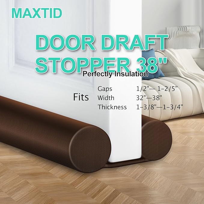 MAXTID Brown Door Draft Stoppers, Adjustable 32"-38", Double Sided, Insulation Strip, Air Stopper, Gap Filler