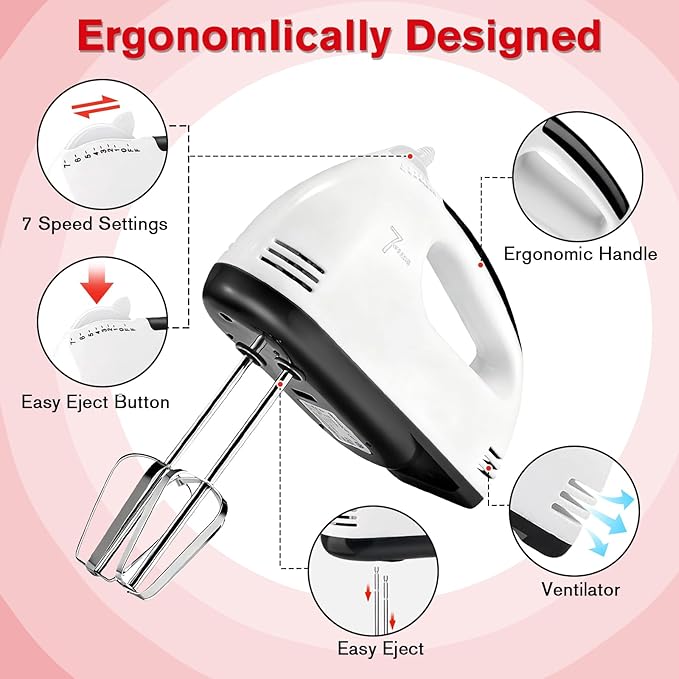 Showvigor Electric Hand Mixer with Stainless Steel Mixing Bowl Set –7 Speeds Turbo-Boost Hand Mixer with Large Mixing Bowls, Measuring Cups, Spoons & Silicone Spatula for Kitchen Cakes Eggs Baking