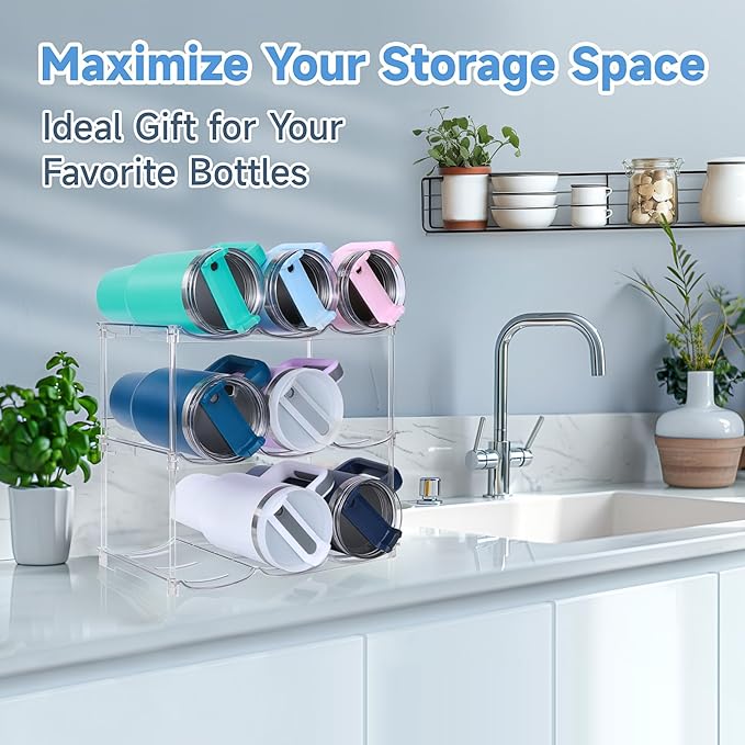 Stackable Water Bottle Organizer for Stanley 40 oz Tumbler, Water Bottle Holder for Cabinet, Pantry Kitchen Organizers and Storage for Stanley Cup Accessories, Tumbler Organizer and Wine Rack, 3Pack