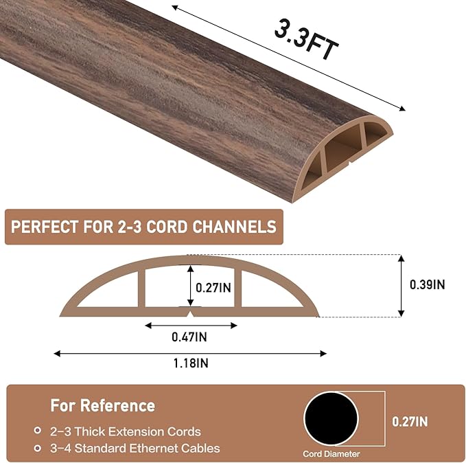 Floor Cord Cover Self Adhesive Cord Hider Floor Extension Cord Covers for Floor Power Cord Protector Cable Management Prevent Cable Trips Cable Cavity 0.47" W x 0.27" H (Smoked Brown Wood, 3.3Ft)