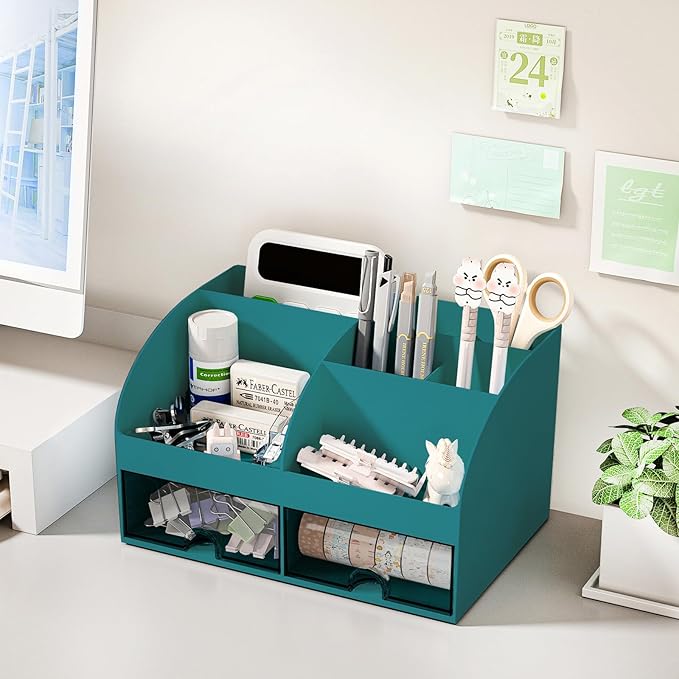Desk Organizer with 6 Compartments and 2 Drawers, Plastic Makeup Organizer, Pen Holder for Desktop Storage, Desk Organization for School, Home, Office Supplies (Dark Green)