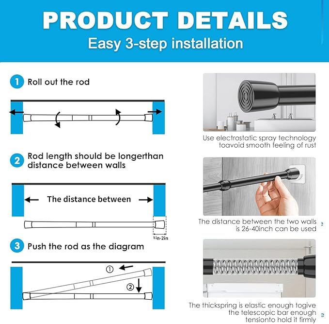 1Pack Spring Tension Curtain Rod 26-39 inch Black Adjustable Spring Rod Extendable Tension Rod For Kitchen, Bathroom, Window, Bookshelf, Closet