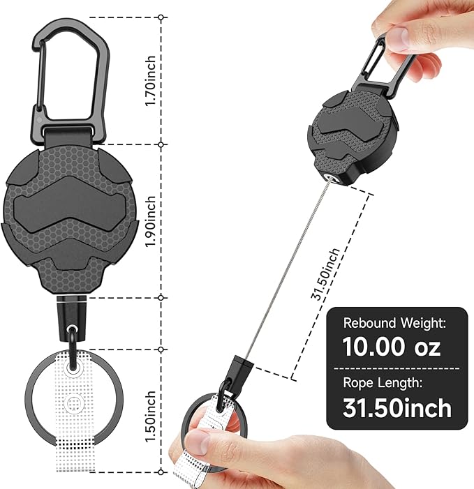 Retractable Keychain Badge Holder with Belt Clip,OR Heavy Duty Carabiner ID Badge Clip Reel, 31.5” Steel Retractable Cord, 10 oz Rebound，Black-1 Pack (with 1 Badge Holder)